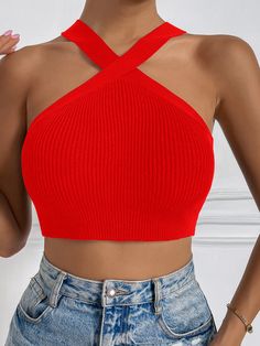 Red Casual Collar  Fabric Plain Halter Embellished Slight Stretch Summer Women Tops, Blouses & Tee Halter Tops Outfit, Womens Halter Tops, Shein Outfits, Top Halter, Women Tank Tops, Halter Tops, Ribbed Crop Top, Top Cropped, Halter Crop Top