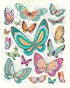 a bunch of colorful butterflies on a white background