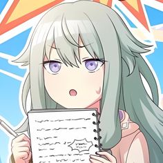 an anime character holding a piece of paper in front of her face and looking at the camera