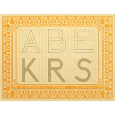 an orange and yellow poster with the letters abc, krs on it's side