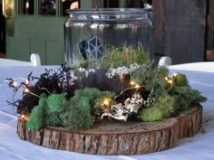 a glass jar filled with moss and fairy lights sitting on top of a wooden stump