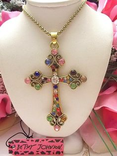 BETSEY JOHNSON BEAUTIFUL CRYSTAL INLAY COLORFUL CROSS PENDANT CHAIN NECKLACE | eBay Large Cross Pendant Necklace, Chunky Cross Necklace, Catholic Core, Large Cross Necklace, Vintage Cross Necklace, Betsey Johnson Necklace, Vintage Betsey Johnson, Catholic Jewelry, Crystal Cross