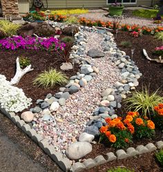 a garden with flowers and rocks in it