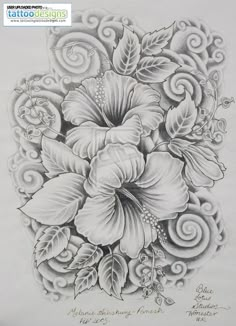 a drawing of flowers with swirls and leaves in the center on a white background