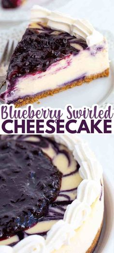 blueberry swirled cheesecake on a white plate