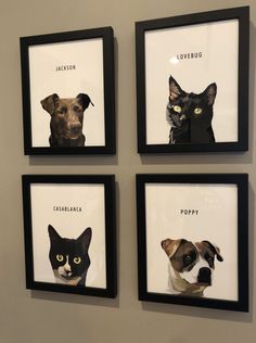 four framed pictures with dogs and cats on them in black frames hanging on the wall