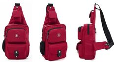 three different types of red sling bags