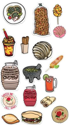 stickers with different foods and drinks on the top one is filled with condiments