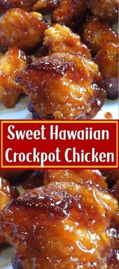 sweet hawaiian crockpot chicken on a white plate with text overlay that reads, sweet hawaiian crockpot chicken