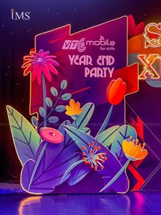 an advertisement for the new year's end party is displayed in front of a purple background