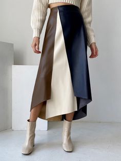 Chic Asymmetrical Patchwork Skirt, Chic Irregular Skirt, Asymmetrical Fitted Brown Skirt, Chic Irregular Skirt For Spring, Fall Patchwork Asymmetrical Skirt, Chic Asymmetrical Office Skirt, Chic Asymmetrical Skirt For Office, Chic Patchwork Skirt For Fall, Chic Fall Patchwork Skirt