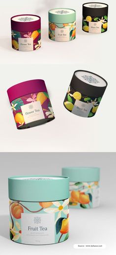 the packaging design for fruit tea is shown in three different colors