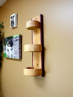 a wooden shelf mounted to the side of a wall next to a plant and pictures