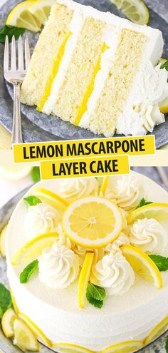 lemon mascarpone layer cake with white frosting and sliced lemons