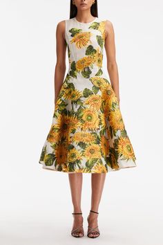 Sunflower Fil Coupe Cocktail Dress CLOTHINGDRESSCOCKTAIL OSCAR DE LA RENTA Yellow Silk Dress For Garden Party, Yellow Floral Print Midi Dress For Cocktail, Silk A-line Midi Dress For Garden Party, Sleeveless Cocktail Dresses With Floral Embroidery, Yellow Silk Summer Dress, Yellow Sleeveless Silk Midi Dress, Yellow A-line Midi Dress For Garden Party, Yellow Floral Print Silk Dress, Yellow A-line Cocktail Dress