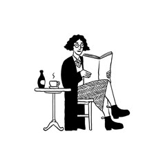 a black and white drawing of a woman reading a book at a table with a cup of coffee