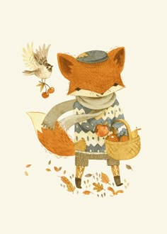 an illustration of a fox holding a basket