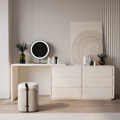 a room with a white dresser, mirror and vases on the shelf next to it