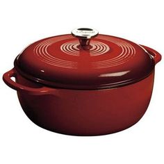 a red casserole dish with a lid and handle is shown in front of a white background