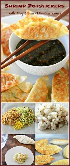 shrimp potstickers and other appetizers that are ready to be eaten with chopsticks