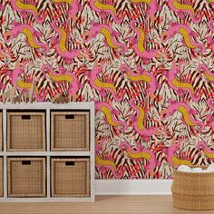 pink flamingos and zebras wallpaper in a living room with wicker baskets