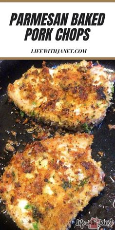 parmesan baked pork chops cooking in a skillet with text overlay