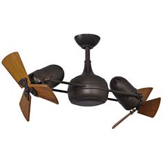 a ceiling fan with three wooden blades and two lights on each side, in an industrial style