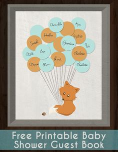 a baby shower guest book with an image of a bear holding balloons and the words free printable baby shower guest book