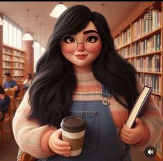 a cartoon character holding a coffee cup and book