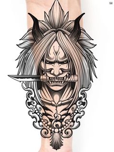 a person with long hair holding a knife in their hand and wearing an elaborate tattoo design