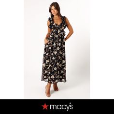 in stock Chic Ditsy Floral Maxi Dress For Day Out, Chic Maxi Floral Dress With Ditsy Print, Chic Ditsy Floral Print Maxi Dress, Chic Sleeveless Maxi Dress With Ditsy Floral Print, Chic Sleeveless Ditsy Floral Maxi Dress, Chic Floral Print Maxi Dress For Date Night, Black Floral Print Spring Dress, Spring Black Floral Dress, Black Floral Print Maxi Dress For Spring