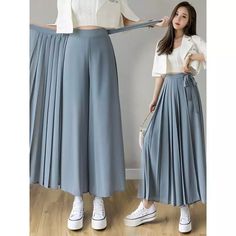 Women's Pleated Trousers High Waist Pants Wide Leg Chiffon Retro Irregular Chic | eBay Elegant Skirt Outfits, Tulle Skirts Outfit, Long Shirt Women, Stylish Prom Dress, Long Skirt Fashion, Chic Skirts, Wedding Dresses For Sale, Autumn Clothes, Pleated Trousers