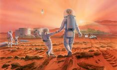 an artist's rendering of two astronauts walking across the desert