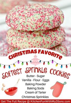 christmas cookies are stacked on top of each other with the words softest sprinkle cookies