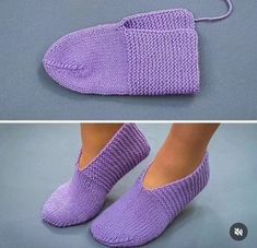 two pictures of someones feet in slippers made out of knitting yarn