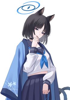 an anime character with black hair wearing a blue and white outfit, holding her hand to her mouth