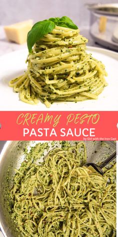 the pasta dish is made with creamy pesto sauce and then topped with fresh basil