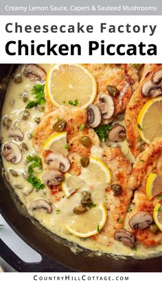 chicken piccata with mushrooms and lemons in a skillet