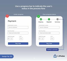 two screens showing the user's status and payment process