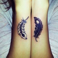 two tattoos on the arms of women with black and white ink, one has a feather