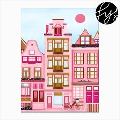 a painting of a pink building with lots of windows and a bicycle parked in front