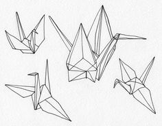 four origami birds are shown in black and white