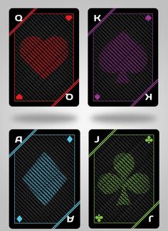 four playing cards with hearts and spades on the sides, all in different colors