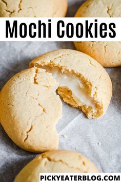 a cookie that has been cut in half with the words mochi cookies above it