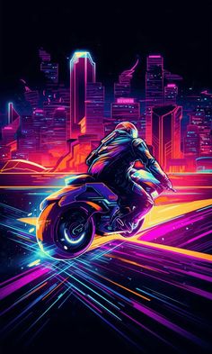 a person riding a motorcycle on a city street at night with neon lights and buildings in the background