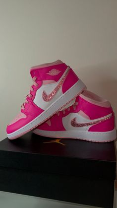 Pink Sports Sneakers With Studded Outsoles, Pink Sneakers With Studded Outsoles For Sports, Pink High-top Jordan Shoes For Streetwear, Pink Studded Sneakers For Streetwear, Pink Low-top Jordan Shoes With Branded Insole, Pink Low-top Jordan Shoes, Trendy Pink High-top Custom Sneakers, Pink High-top Sneakers With Rhinestones, Pink High-top Jordan Shoes