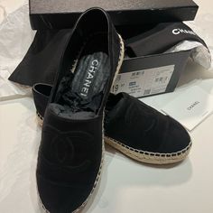 Chanel Espadrilles In Black Suede. In Box With Original Tags & Dusts Bags. No Visible Wear & Tear, Only Worn Once. Chanel Espadrilles, Shoes Chanel, Chanel Black, Espadrille Shoes, Chanel Shoes, Black Suede, Espadrilles, Dust Bag, Chanel