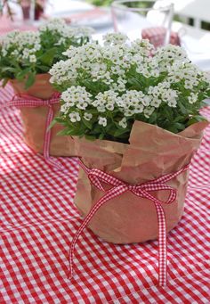 some white flowers are in brown paper bags on a red and white checkered tablecloth