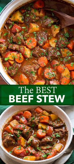 beef stew with carrots, potatoes and parsley in a white bowl on a green cloth