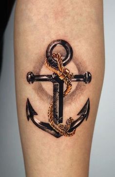 an anchor and rope tattoo on the right calf area is shown in black ink with gold accents